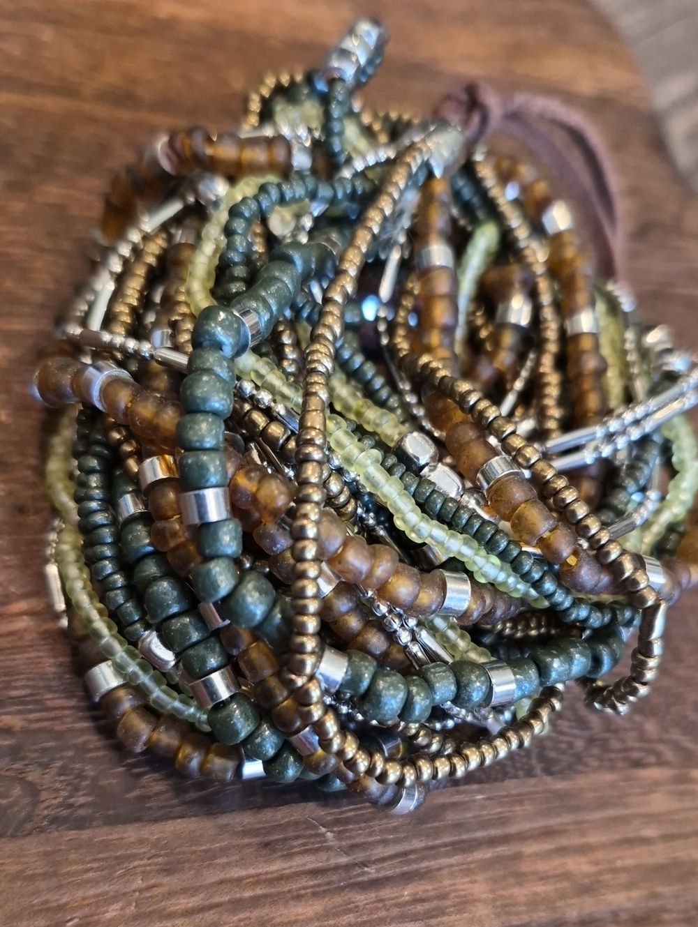 Multistrand Brown & Green Hues Silver Tone Hardware Brown Suede Cord Necklace - Picture 7 of 13